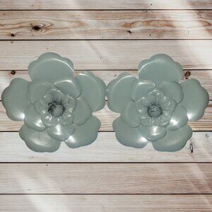 Set of 2 - Dusty Green-Grey-Teal Flowers 3D Metal Wall Hanging Decor 7.5"